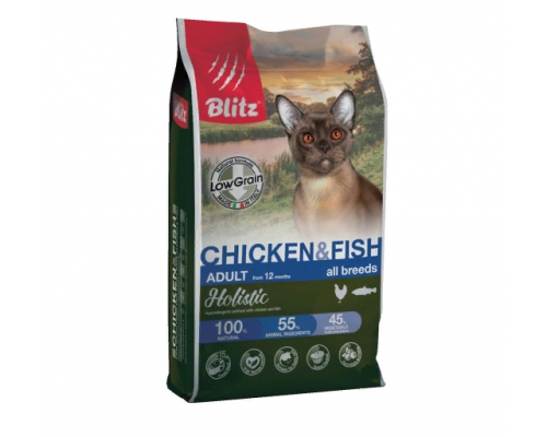 BLITZ ADULT CAT CHICKEN & FISH низкозерновой корм для взр.кошек Курица&Рыба 1,5 кг