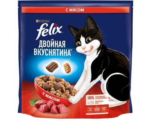Сухой корм Felix Двойная Вкуснятина для взрослых кошек, с мясом, пакет, 200 г