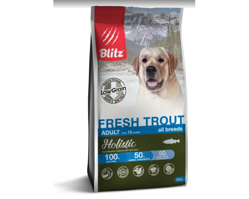 BLITZ ADULT FRESH TROUT низкозерновой корм для взр. собак Свежая Форель 0,5 кг