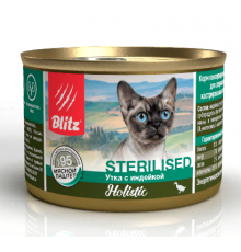 BLITZ Утка с индейкой, корм консервированный полнорационный для стерилизованных кошек и кастрированных котов, мясной паштет, 200 гр