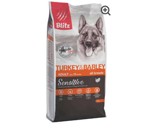 BLITZ  ADULT Turkey&Barley полнорационный сухой корм для взрослых собак Индейка/ячмень 15кг