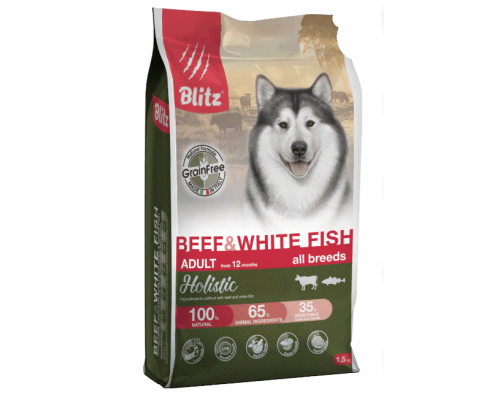 BLITZ ADULT BEEF & WHITE FISH беззерновой корм для взр. собак Говядина & Белая рыба 1,5 кг